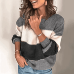 Oversized Tricolor Sweater with Round Neck and Long Sleeves for Women