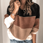 Oversized Tricolor Sweater with Round Neck and Long Sleeves for Women