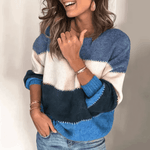 Oversized Tricolor Sweater with Round Neck and Long Sleeves for Women