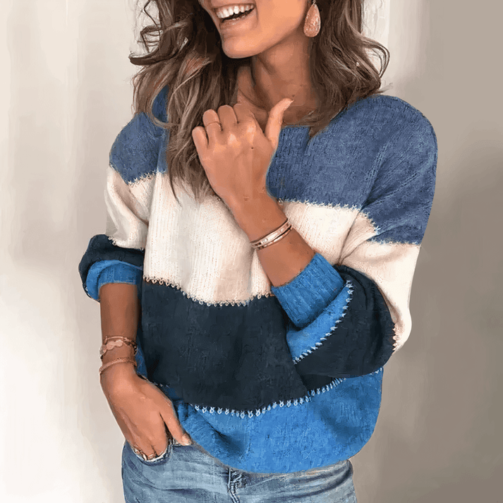 Oversized Tricolor Sweater with Round Neck and Long Sleeves for Women