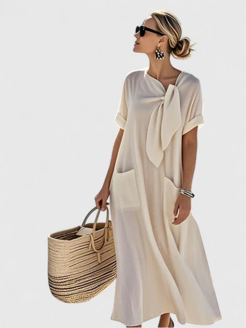 Short-sleeve long dress with bow and pockets for women