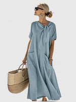 Short-sleeve long dress with bow and pockets for women