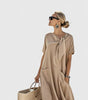 Short-sleeve long dress with bow and pockets for women