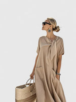 Short-sleeve long dress with bow and pockets for women