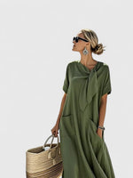 Short-sleeve long dress with bow and pockets for women