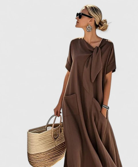Short-sleeve long dress with bow and pockets for women