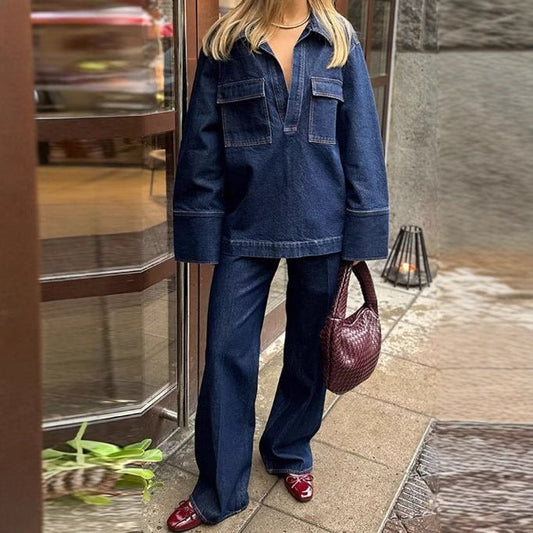 Pantalon Large et Long en Denim à Coutures Apparentes pour Femme - Emilia Lane