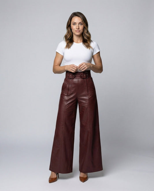 Pantalon Large Taille Haute en Simili Cuir avec Ceinture pour Femme - Emilia Lane