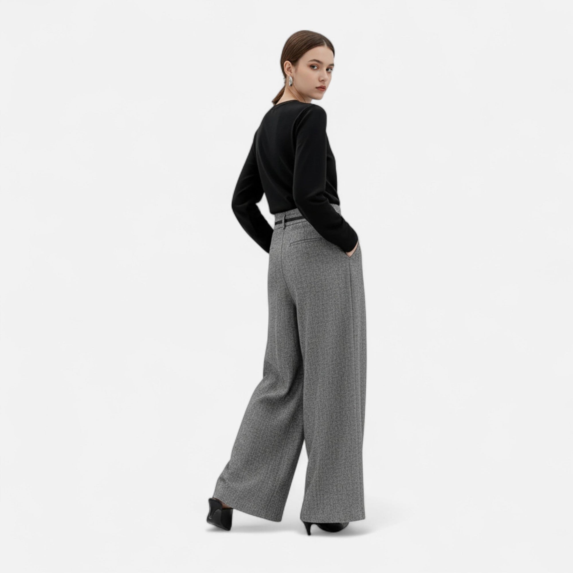 Pantalon Large Taille Haute en Tweed pour Femmes - Emilia Lane