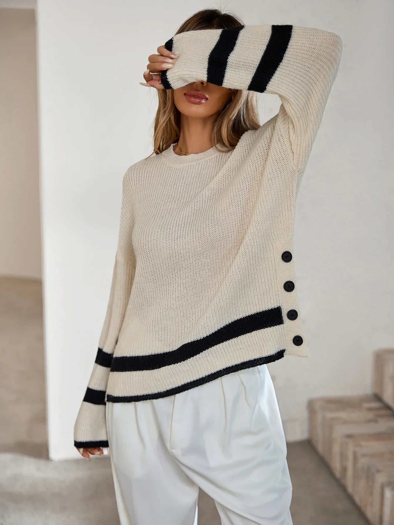Pull - over beige à manches longues pour femmes - Emilia Lane