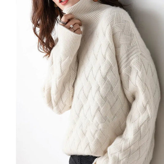 Pull Oversize Torsadé Manches Longues à Col Roulé pour Femme - Emilia Lane