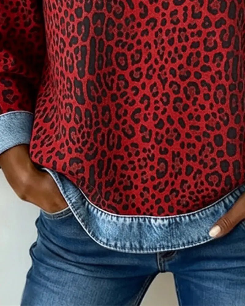 Pull patchwork en denim à imprimé léopard pour femmes - Emilia Lane