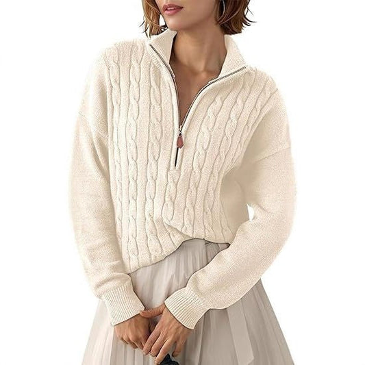 Pull Torsadé en Grosse Maille à Col Montant et Demi Zip pour Femme - Emilia Lane