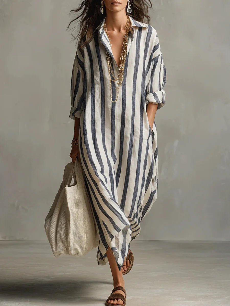 Women's Long Striped Shirt Dress in Blended Linen, Loose Fit with Pockets