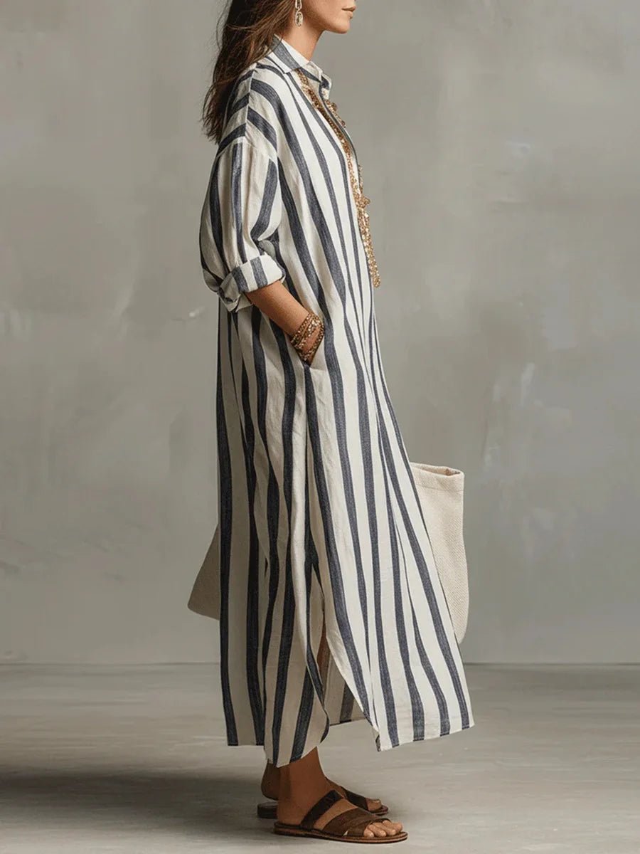 Women's Long Striped Shirt Dress in Blended Linen, Loose Fit with Pockets