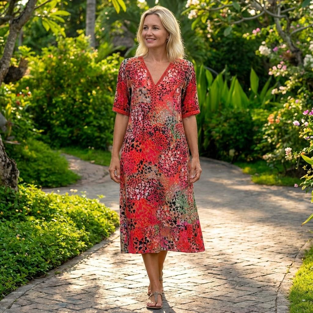 Long Dress with Short Sleeves and V-Neck for Women | Ideal for Summer