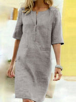 Robe Droite Midi à Encolure Fendue et Manches Mi - Longues pour Femme | Idéale pour l'Été - Emilia Lane