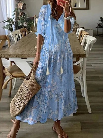Robe Longue à Imprimé Géométrique et Manches Lanternes pour Femmes - Emilia Lane