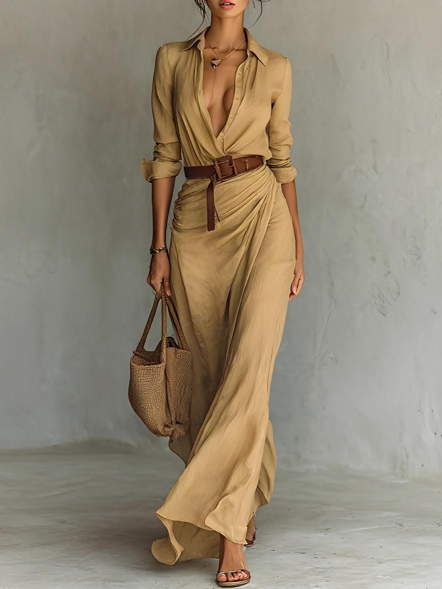 Long Cotton Belted Dress for Women