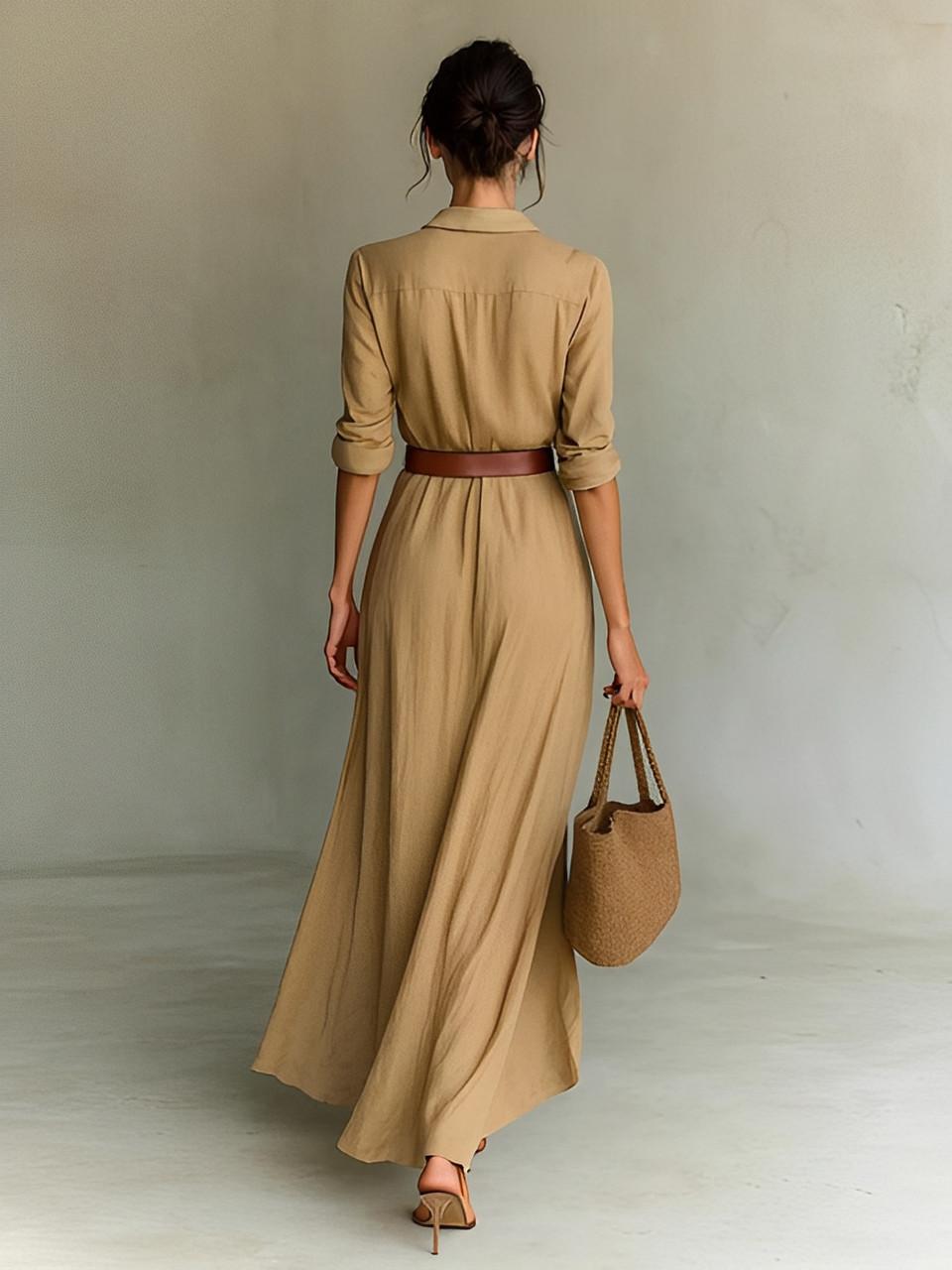 Long Cotton Belted Dress for Women
