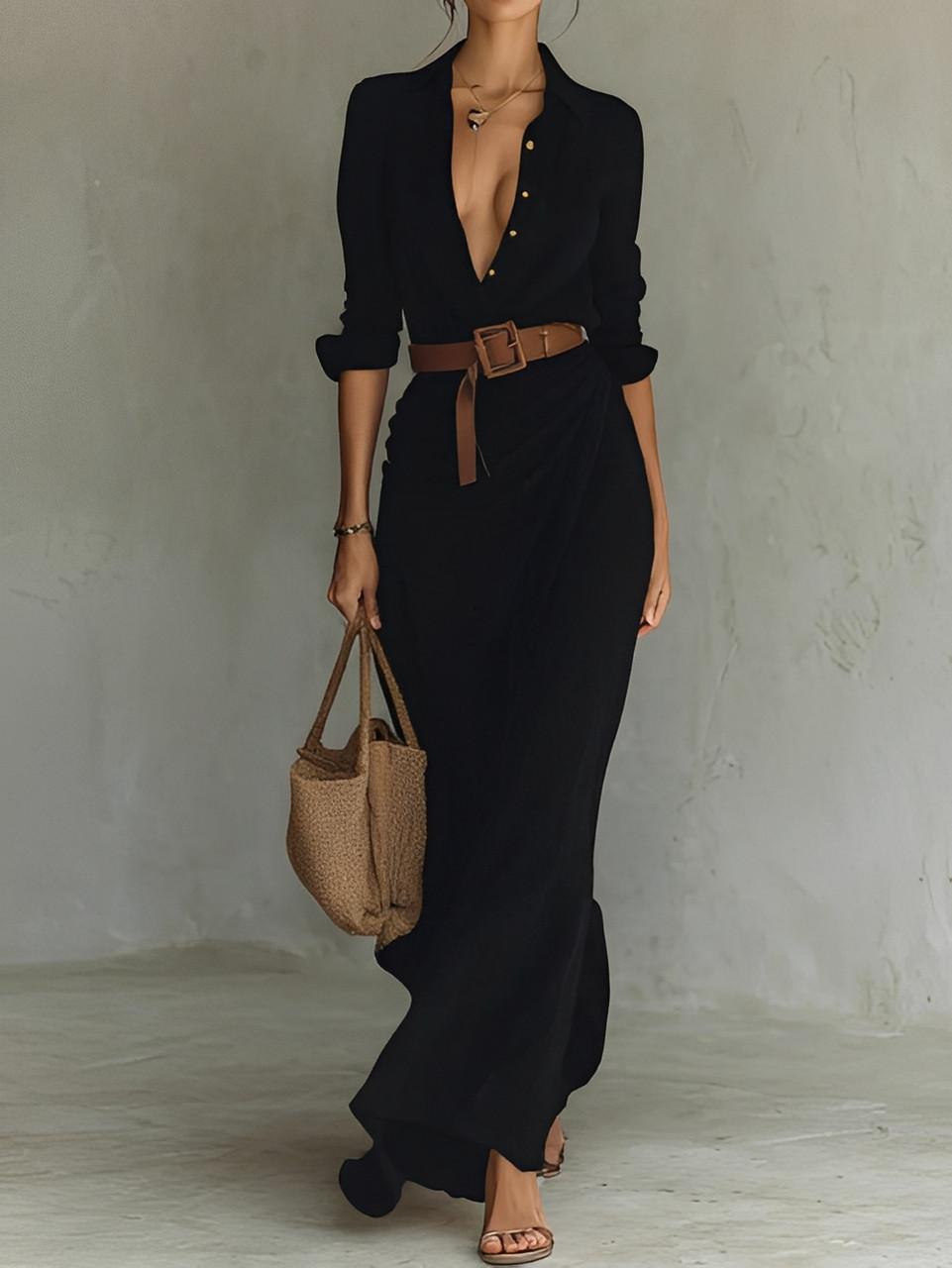 Long Cotton Belted Dress for Women