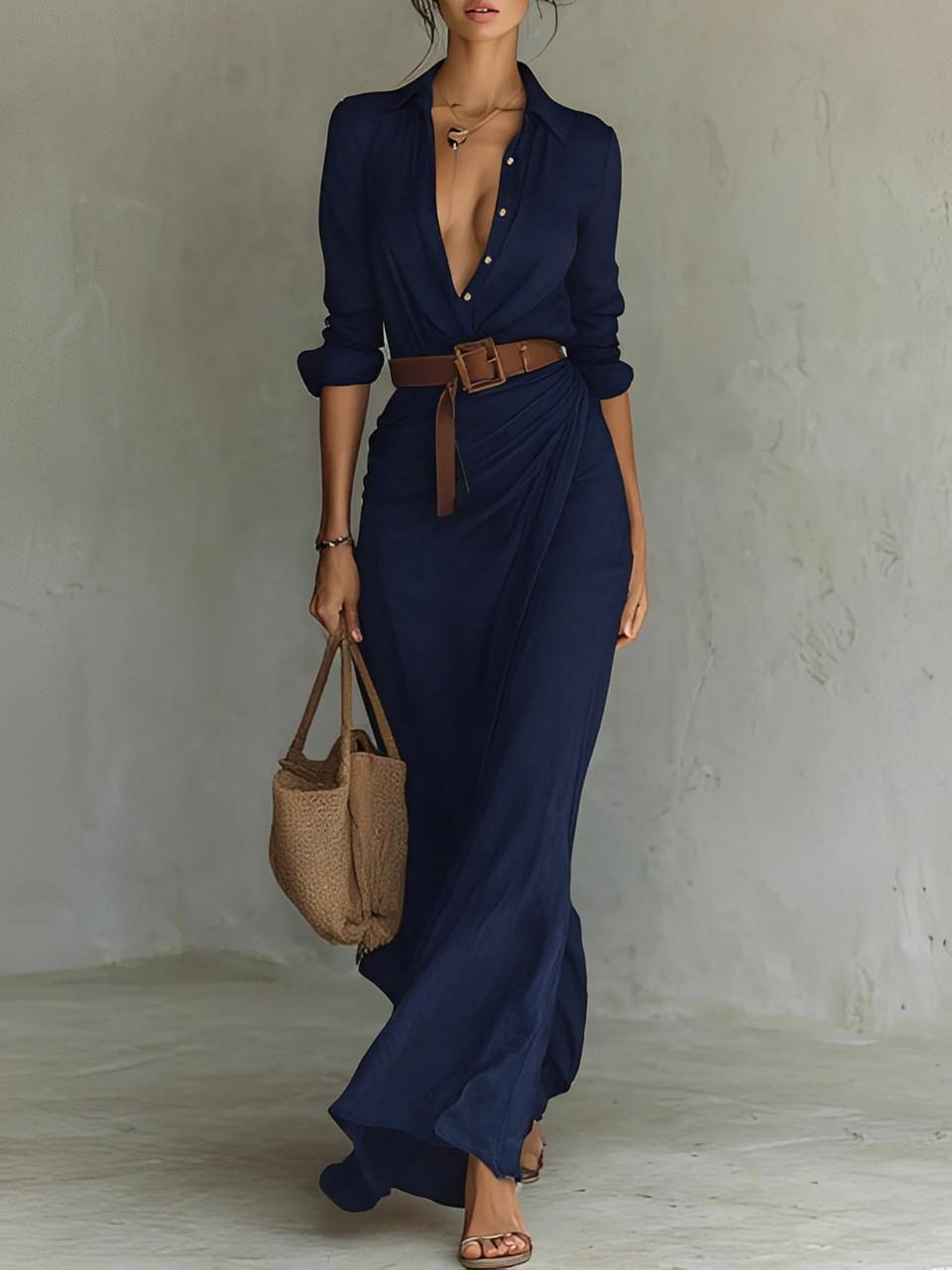Long Cotton Belted Dress for Women