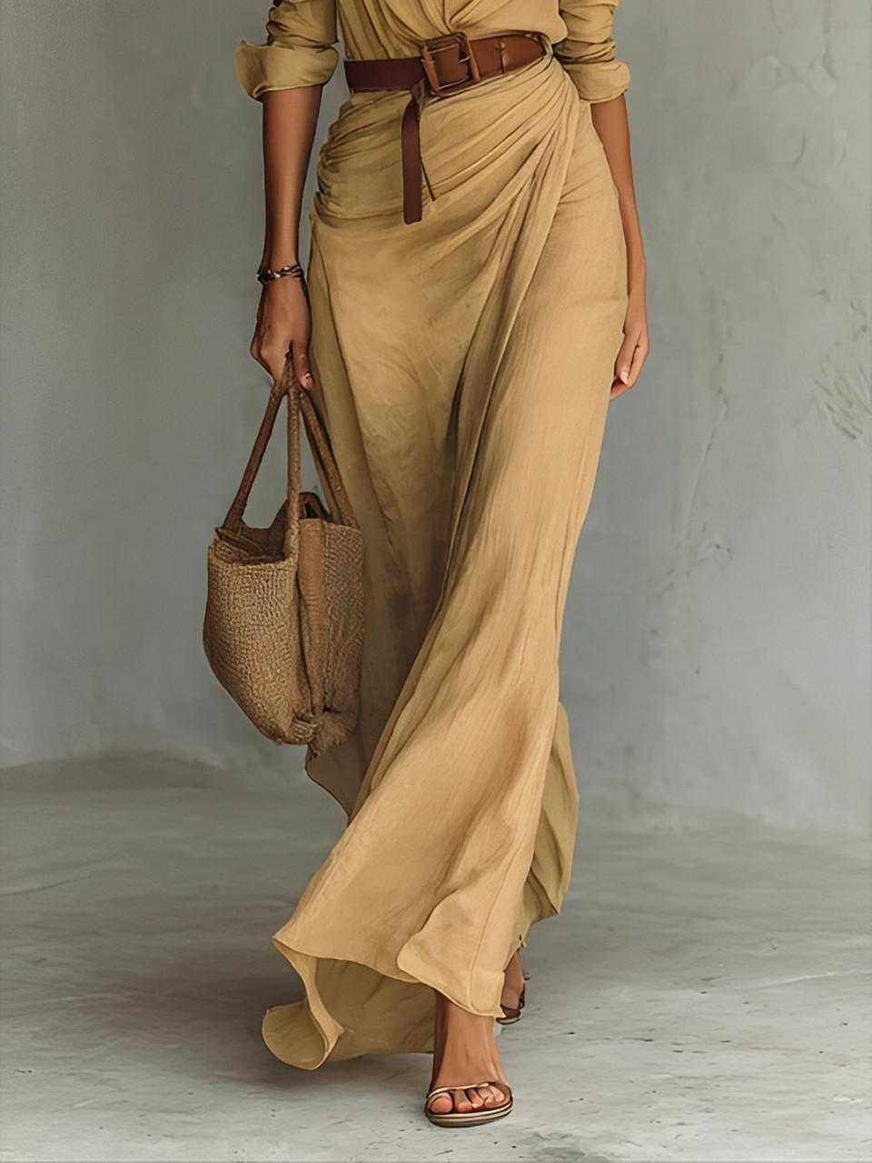 Long Cotton Belted Dress for Women