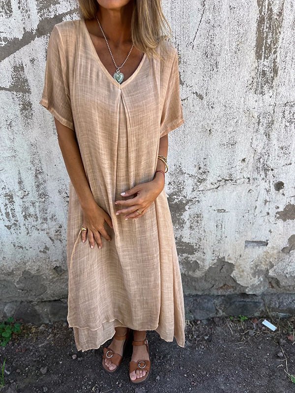 Robe longue en coton et lin à col en V pour femmes - Emilia Lane