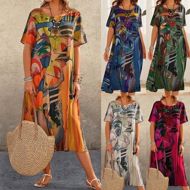 Robe Longue Imprimé Tropicaux Manches Courtes pour Femme - Emilia Lane