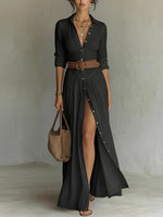 Long Linen Dress with Lapel Collar for Women | Ideal for Spring