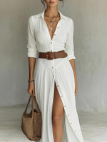 Long Linen Dress with Lapel Collar for Women | Ideal for Spring