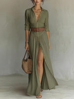 Long Linen Dress with Lapel Collar for Women | Ideal for Spring