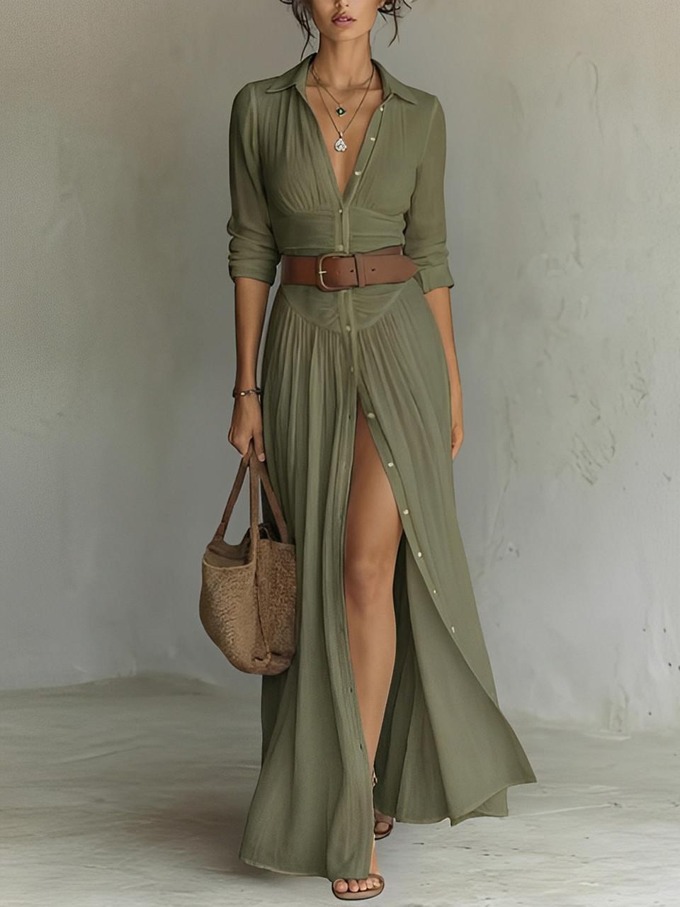 Long Linen Dress with Lapel Collar for Women | Ideal for Spring