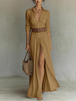 Long Linen Dress with Lapel Collar for Women | Ideal for Spring