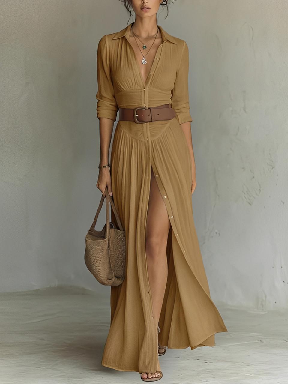 Long Linen Dress with Lapel Collar for Women | Ideal for Spring