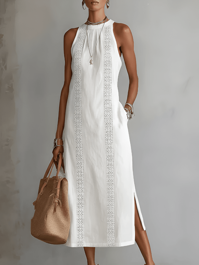 Women's Midi Dress with Mandarin Collar in Linen and Cotton