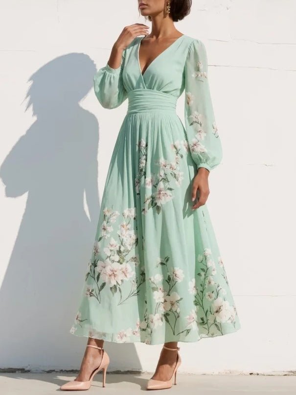 Robe Midi Plissée à Imprimé Floral et Encolure en V pour Femmes - Emilia Lane