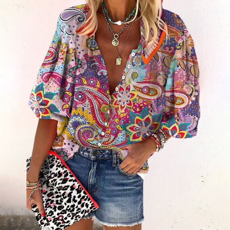 Printed Three-Quarter Sleeve Blouse for Women