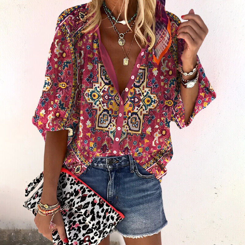 Printed Three-Quarter Sleeve Blouse for Women