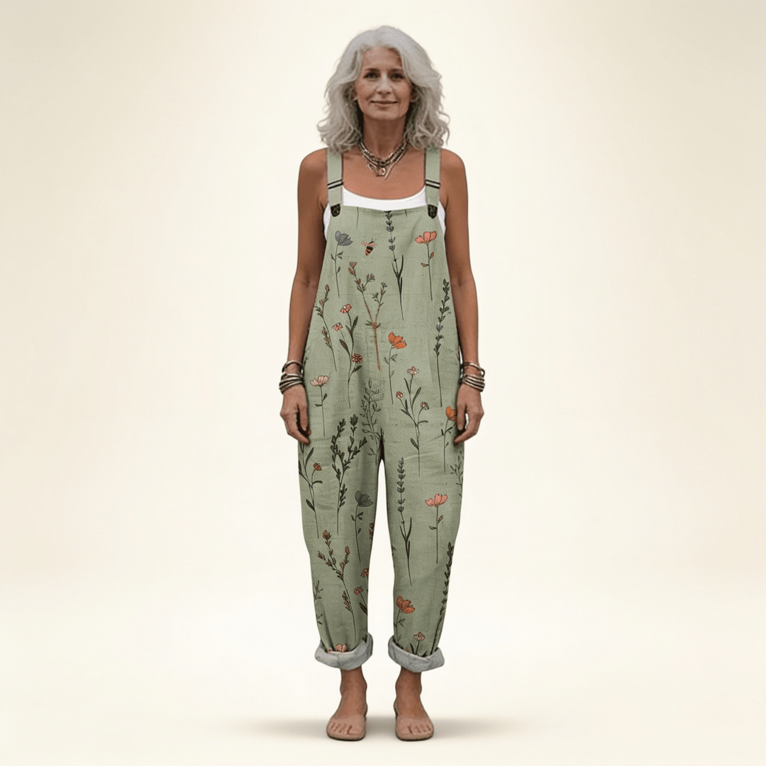 Loose Women's Overalls with Green Floral Print, Adjustable Straps, and Pockets
