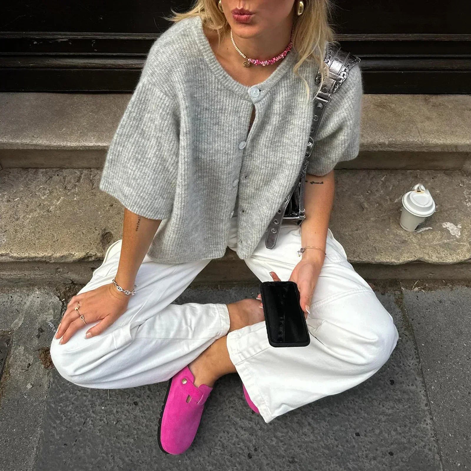 Short-sleeve cropped cardigan for women