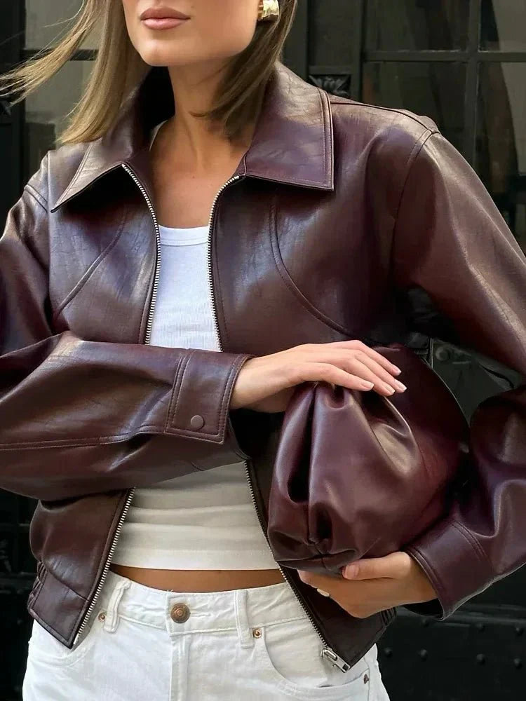 Vintage Synthetic Leather Jacket for Women