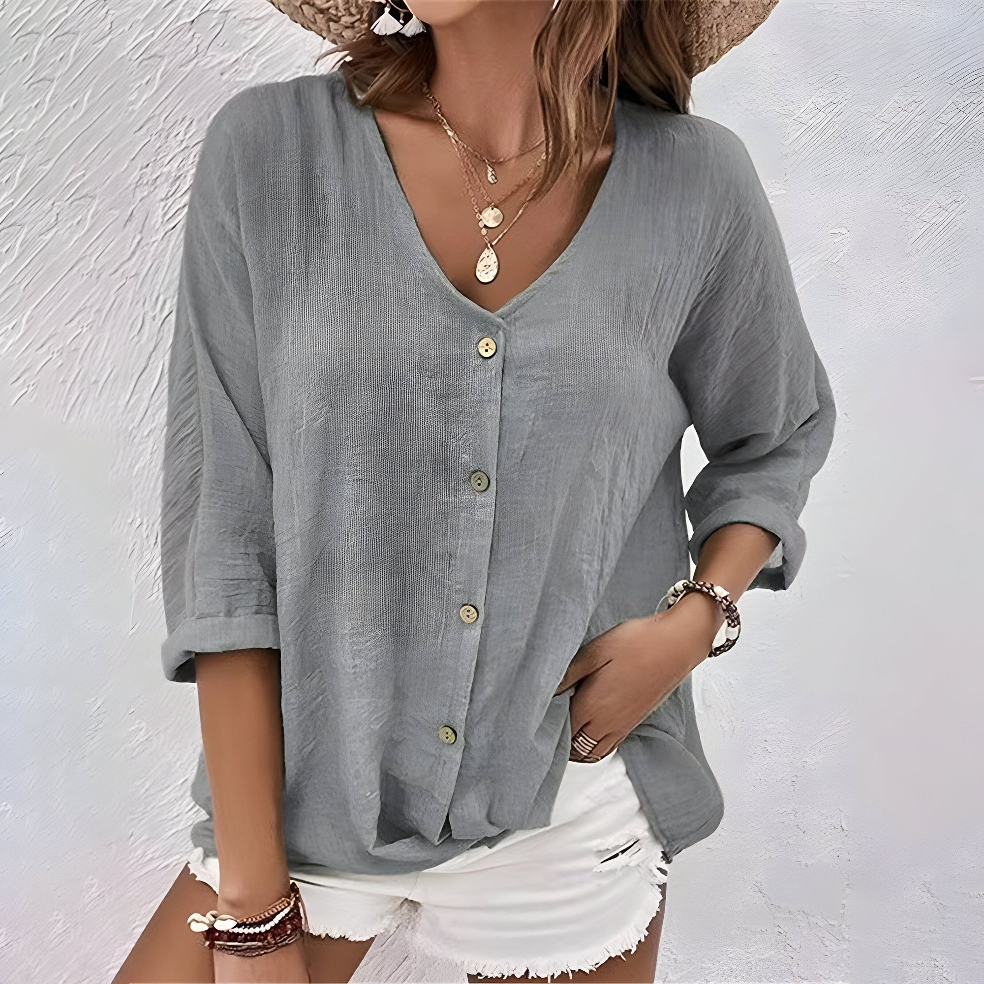 Casual V-neck short-sleeve blouse for women