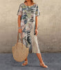 Long Tropical Print Dress with Short Sleeves for Women