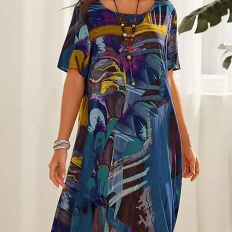 Long Tropical Print Dress with Short Sleeves for Women
