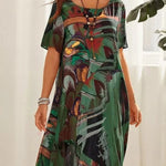 Long Tropical Print Dress with Short Sleeves for Women