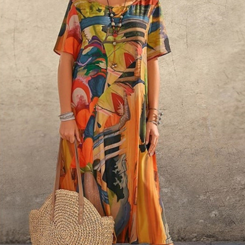 Long Tropical Print Dress with Short Sleeves for Women