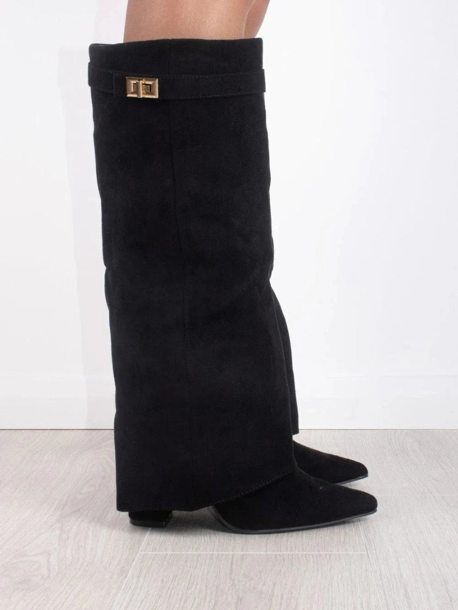 Elegant Black Suede Boots with Golden Details for Women